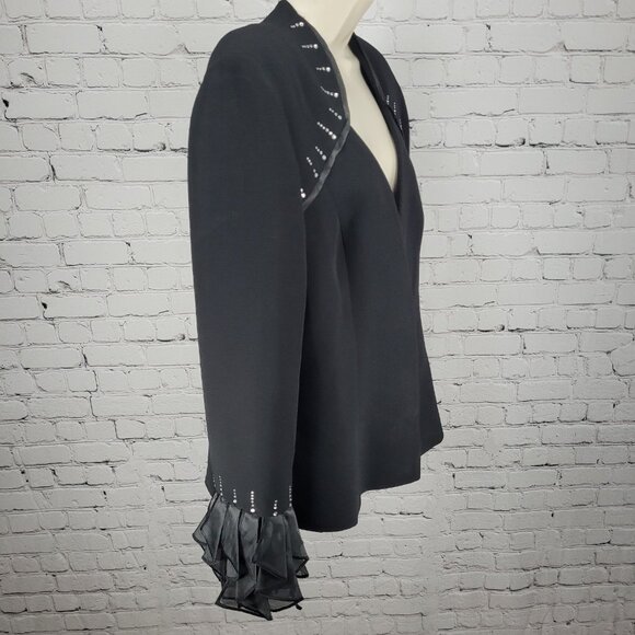 Serafina Black Open Rhinestone Ruffle Cuff Shoulder Pads Lined Jacket Size 14 - Picture 12 of 12